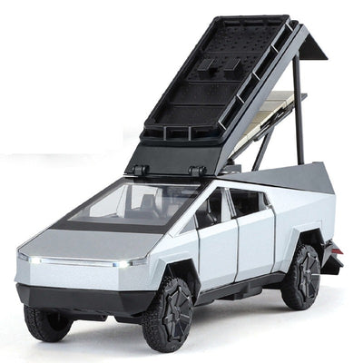 Resembling Tesla Pickup Camping Diecast Car with Openable Roof, Light & Sound | 1:24 Scale Model (14 Years Till Grown Ups)