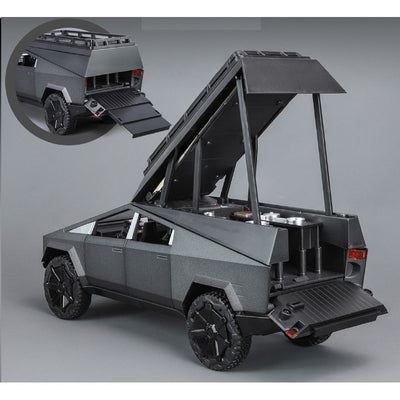 Resembling Tesla Pickup Camping Diecast Car with Openable Roof, Light & Sound | 1:24 Scale Model (14 Years Till Grown Ups)