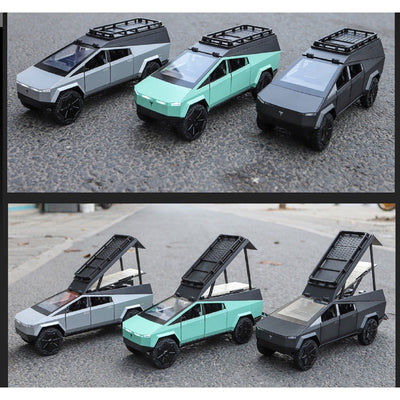 Resembling Tesla Pickup Camping Diecast Car with Openable Roof, Light & Sound | 1:24 Scale Model (14 Years Till Grown Ups)