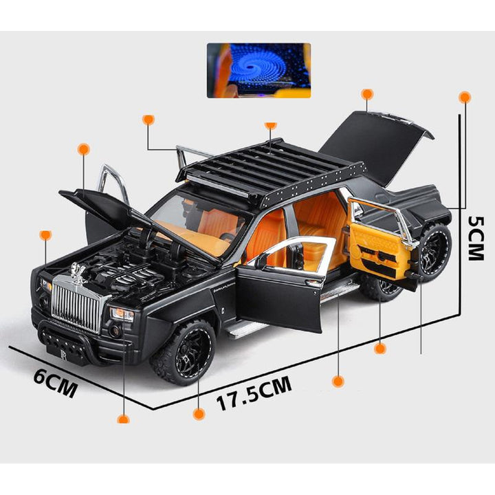 Resembling RR PNTM Six Wheel Pull Back Diecast Car with Openable Doors, Sound & Light | 1:32 Scale Model (14 Years Till Grown Ups)