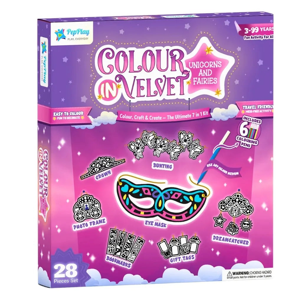 PepPlay Colour in Velvet - Unicorn & Fairies | Mess-Free Colouring Fun | 28 Piece Set