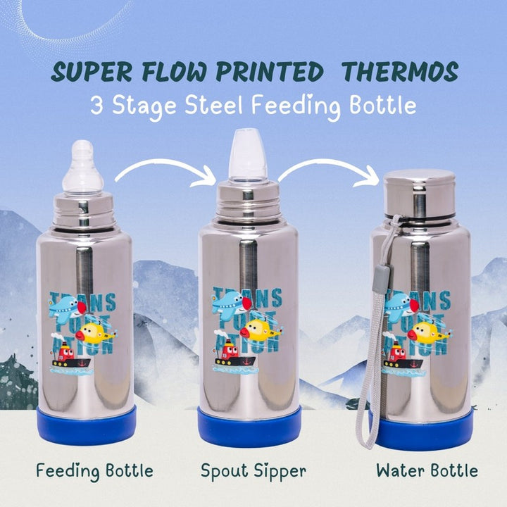 3 Stage Double-Wall Printed Stainless Steel Bottle – Nipple, Spout, and Water Bottle - 300ml (2-3 Years)