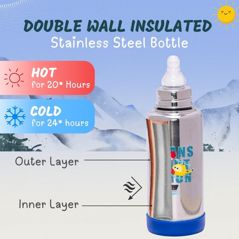 3 Stage Double-Wall Printed Stainless Steel Bottle – Nipple, Spout, and Water Bottle - 300ml (2-3 Years)