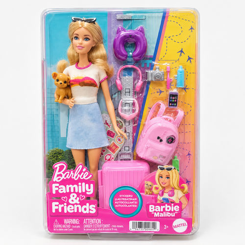 Mattel Original Licensed Barbie “Malibu” Travel Set | Barbie Doll with Puppy & 10+ Travel Accessories