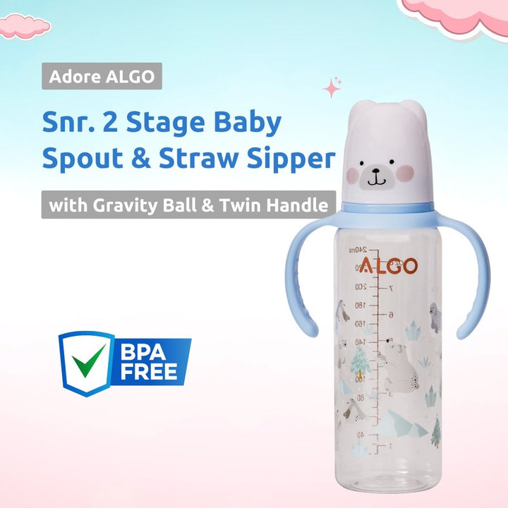 2 in 1 Silicon Spout & Straw Sipper with Gravity Ball & Twin Handles - 250ml (1-2 Years)