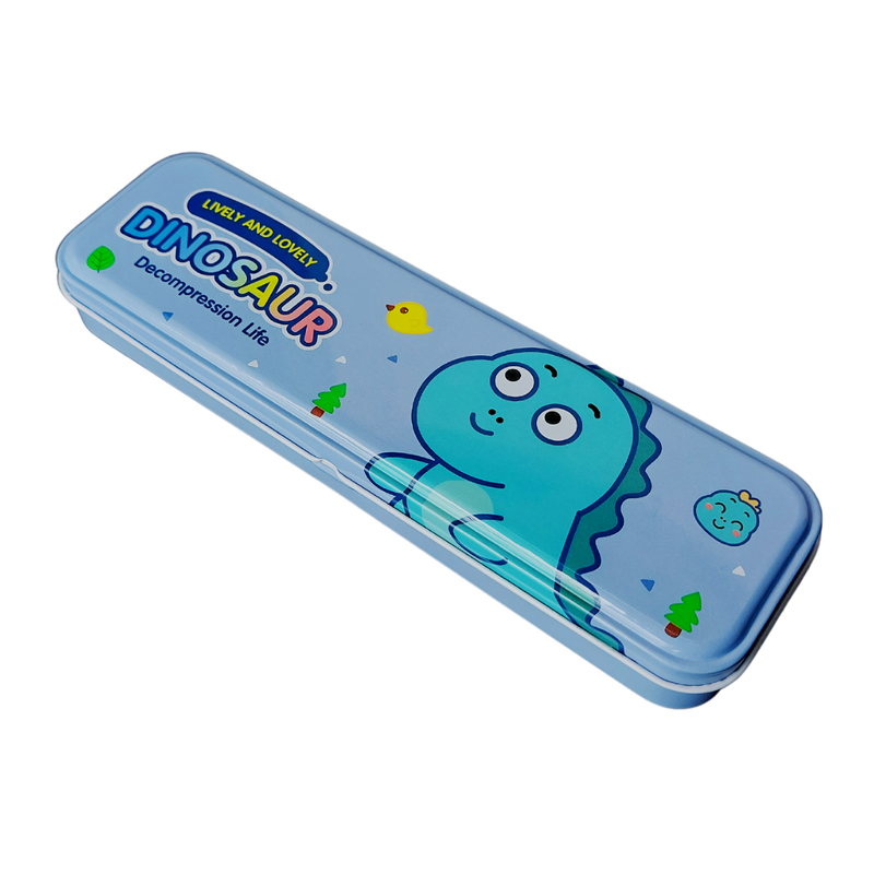 Cartoon Hardtop 2 Compartment Small Size Metal Pencil Box - Dinosaur Design | Blue Colour