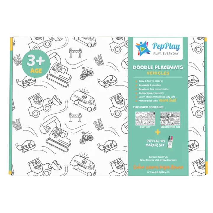 PepPlay Doodle Placemats - Vehicles Series | Reusable Colour & Learn Fun