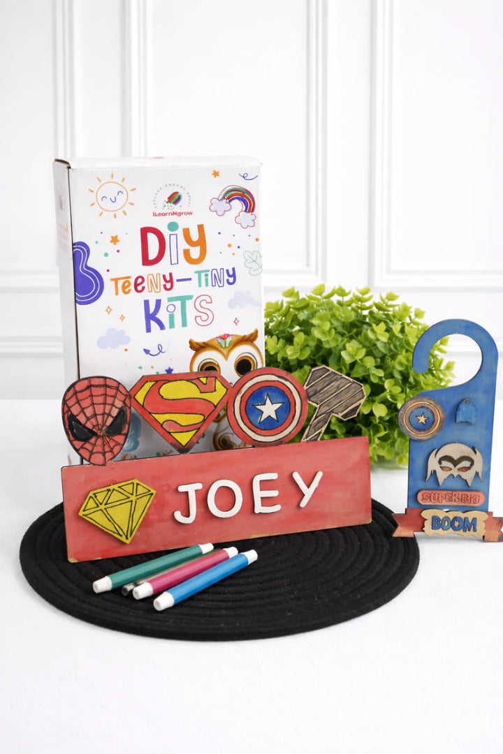 Ilearnngrow Superhero Rakhi Combo – DIY Superhero Door Knob & Name Plate Kit with Superhero Rakhi