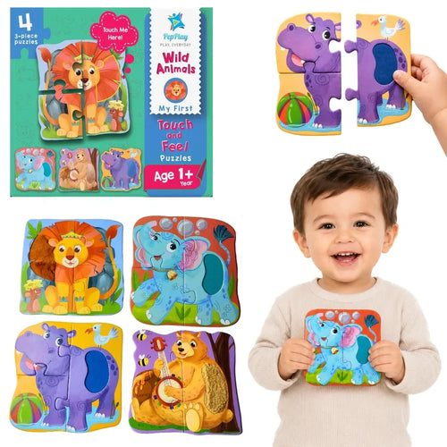 PepPlay My First Touch & Feel Puzzles - Wild Animals | Sensory Learning for Toddlers | 4 three-piece puzzles