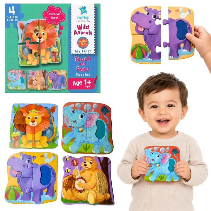 PepPlay My First Touch & Feel Puzzles - Wild Animals | Sensory Learning for Toddlers | 4 three-piece puzzles