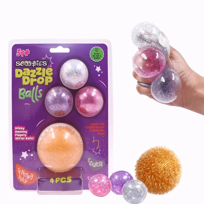 Scoobies Dazzle Drop Balls – 3 Glitter Squishy + 1 Fuzzy Spiky Sensory Ball (Set of 4) | Stress Relief & Sensory Play