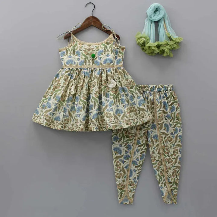 The Little Tales Tie-Up Straps Top and Matching Dhoti with Net Blue Dupatta