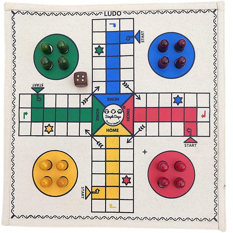 Ludo / Pachisi Board Game with Wooden Pawns and Dice (Hand Crafted Cloth Board )