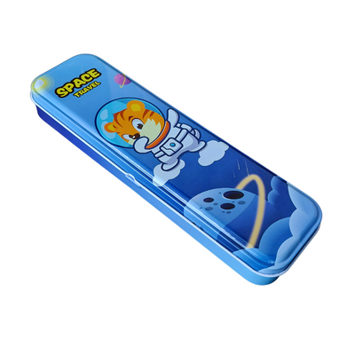 Cartoon Hardtop 2 Compartment Small Size Metal Pencil Box - Space Travel Design | Blue