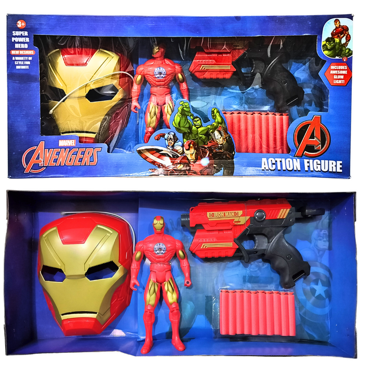 Set of Iron Man | Iron Man Action Figure Toy | Play Gun with Bullets | Mask (Big in Size)