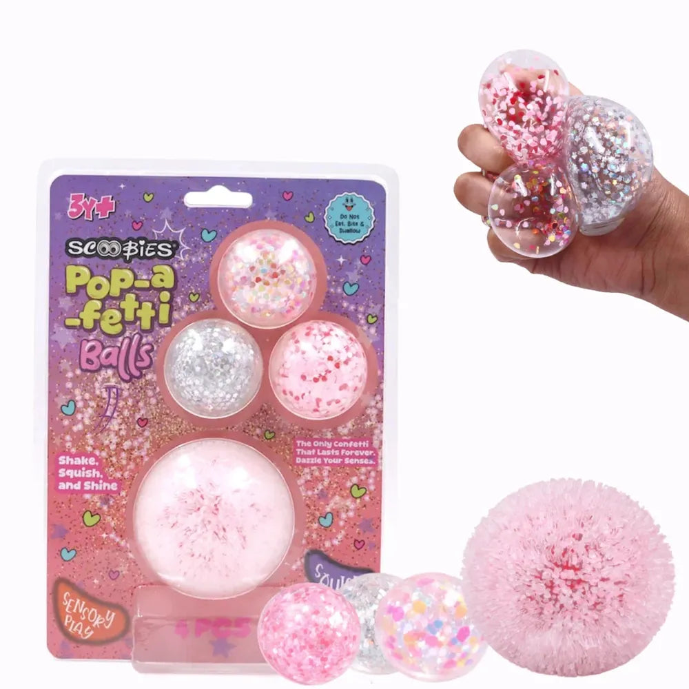 Scoobies Pop-a-fetti Balls – 3 Confetti Squishy + 1 Fuzzy Spiky Sensory Ball (Set of 4) | Stress Relief & Sensory Play