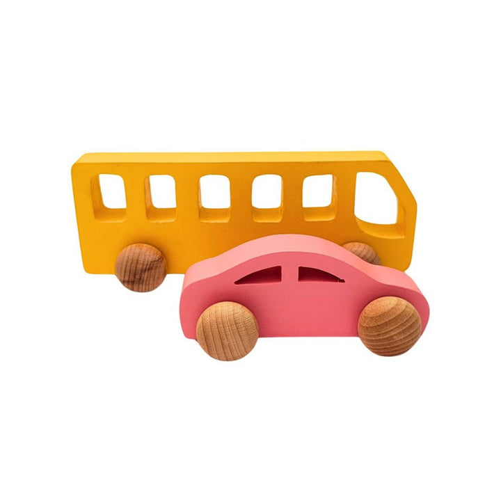 Colourful Commute Wooden Cars Combo of Two | Yellow School Van and Pink car | Push Pull Toy