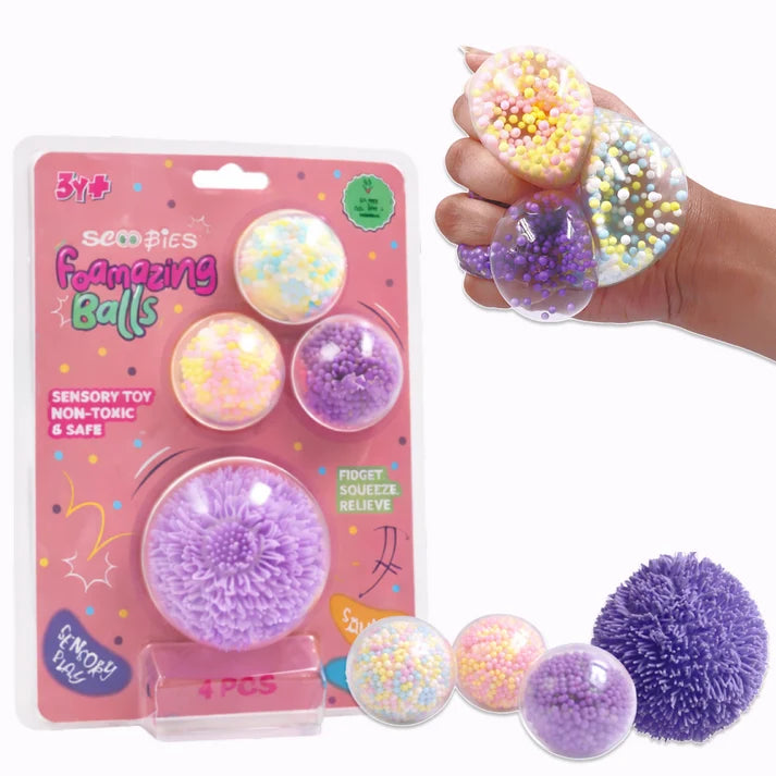 Scoobies Foamazing Balls – 3 Squishy + 1 Fuzzy Spiky Sensory Ball (Set of 4)