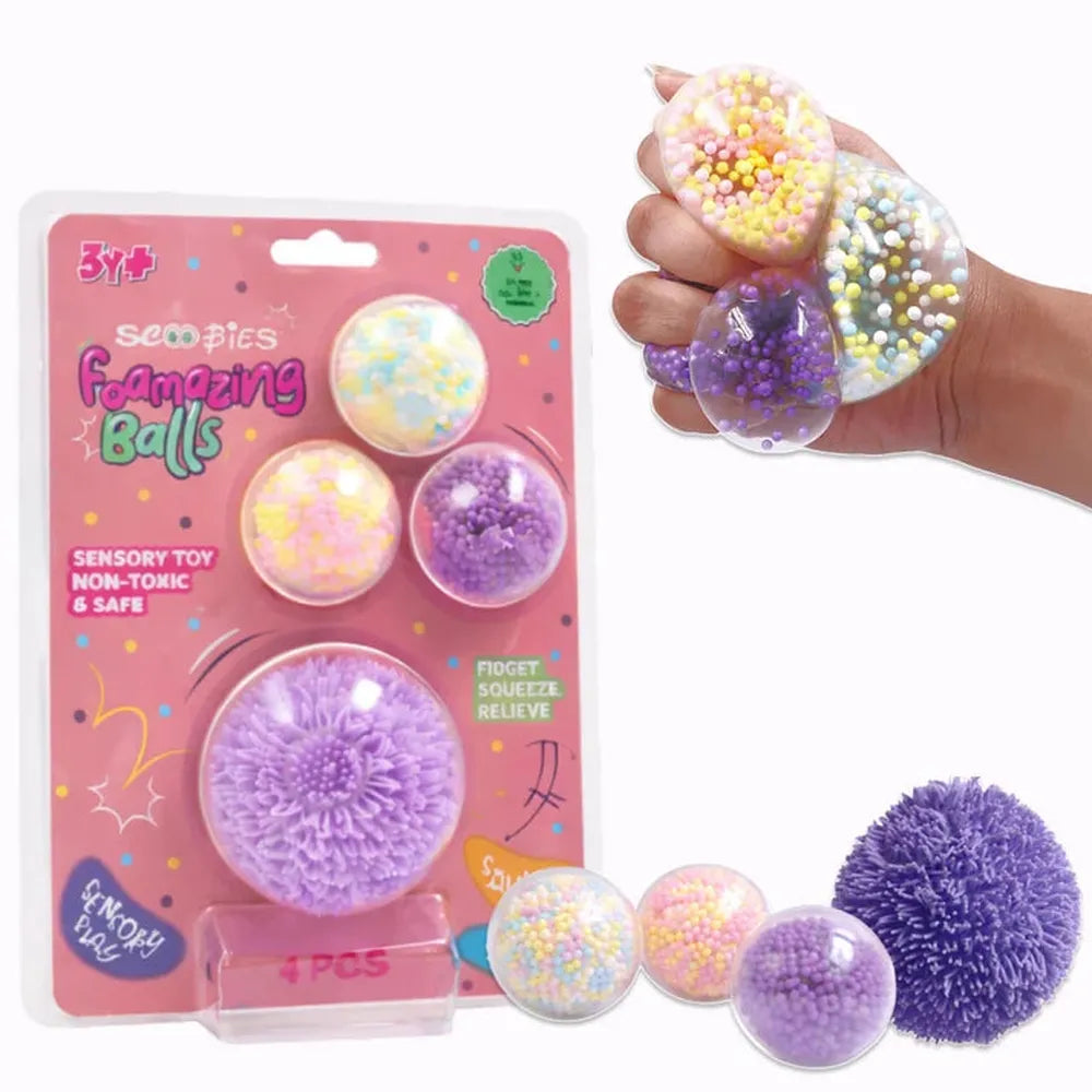 Scoobies Foamazing Balls – 3 Squishy + 1 Fuzzy Spiky Sensory Ball (Set of 4)