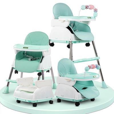 4 in 1 Nora Convertible High Chair for Kids with Adjustable Height and Footrest, Baby Toddler Feeding Booster Seat with Tray, Wheels, Safety Belt and Cushion