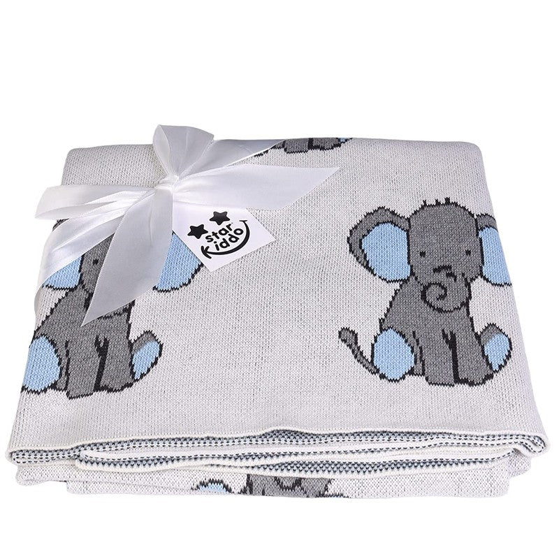 Premium Baby Blanket Knit 100% Cotton with Cute Animal Prints - Beige (Elephant Print)