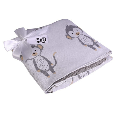 Premium Baby Blanket Knit 100% Cotton with Cute Animal Prints - Beige (Monkey Print)