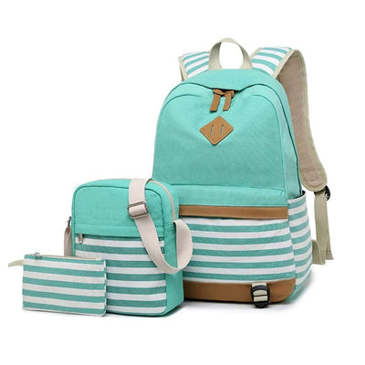 Green stripes Backpack with Lunch Bag & Stationery Pouch (Mint Green)