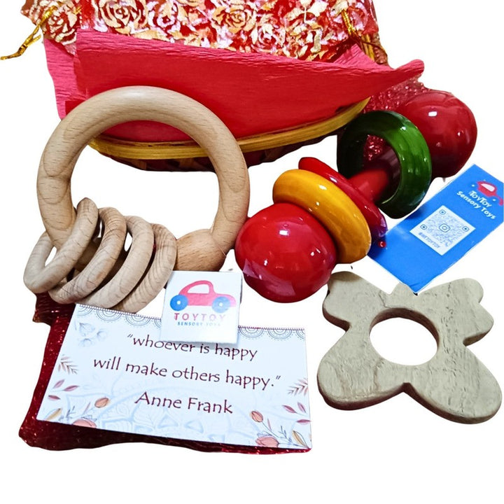 Wooden Gift Hamper - Bangle Teether, Butterfly Teether, Dumble Abacus Rattle (3-12 Months)