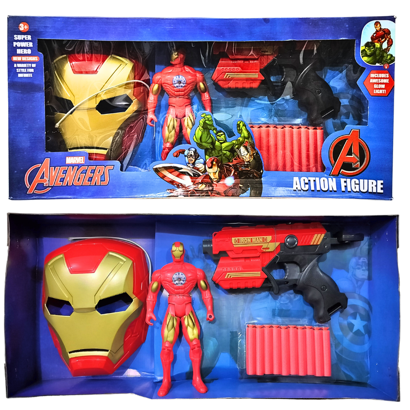 Set of Iron Man | Iron Man Action Figure Toy | Play Gun with Bullets | Mask (Big in Size)