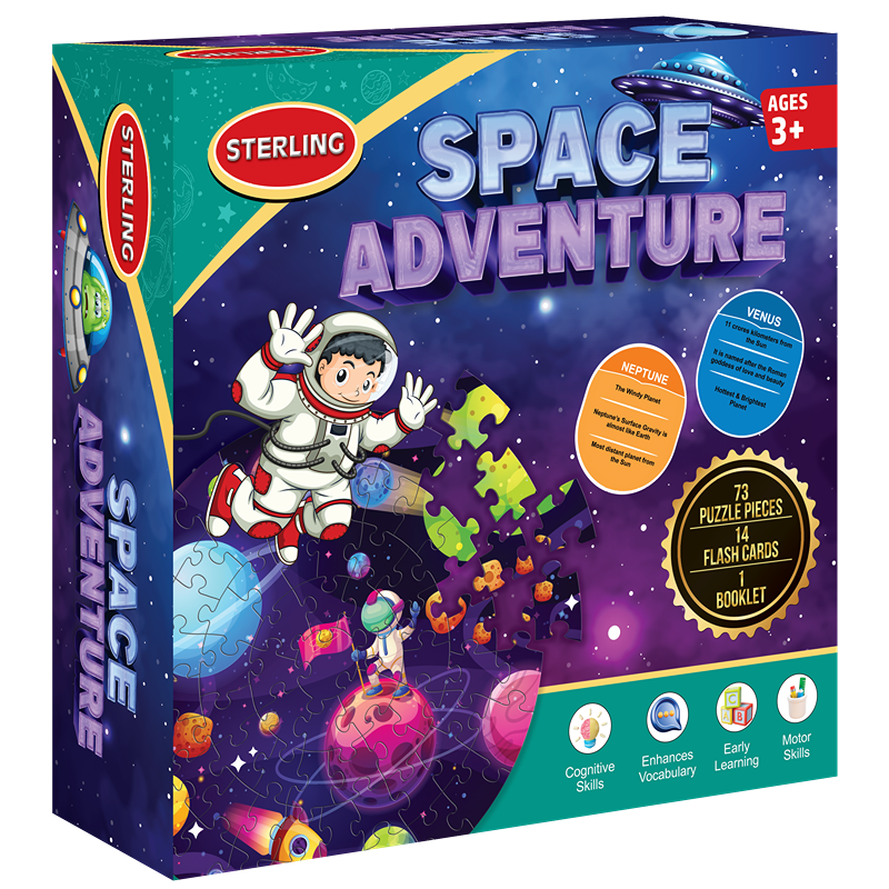 Space Adventure Puzzle For Kids | 3+Years | 73 Pieces, 8  Flash Cards, 1 Additional Booklet.