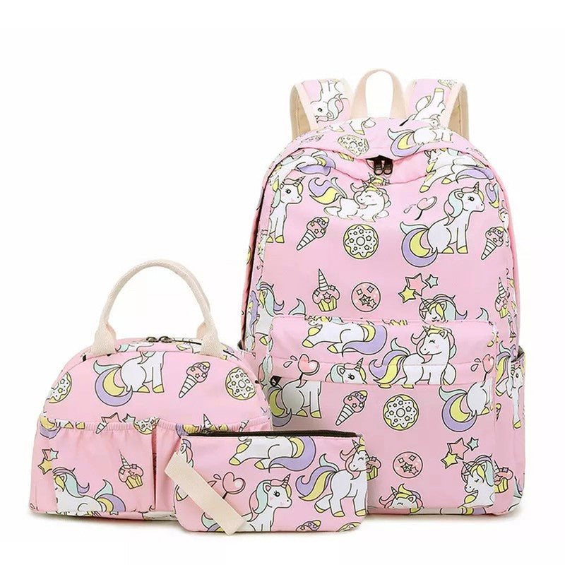 Mini rainbows sleeping unicorn (Matching Backpack with Lunch Bag & Stationery Pouch Pink)