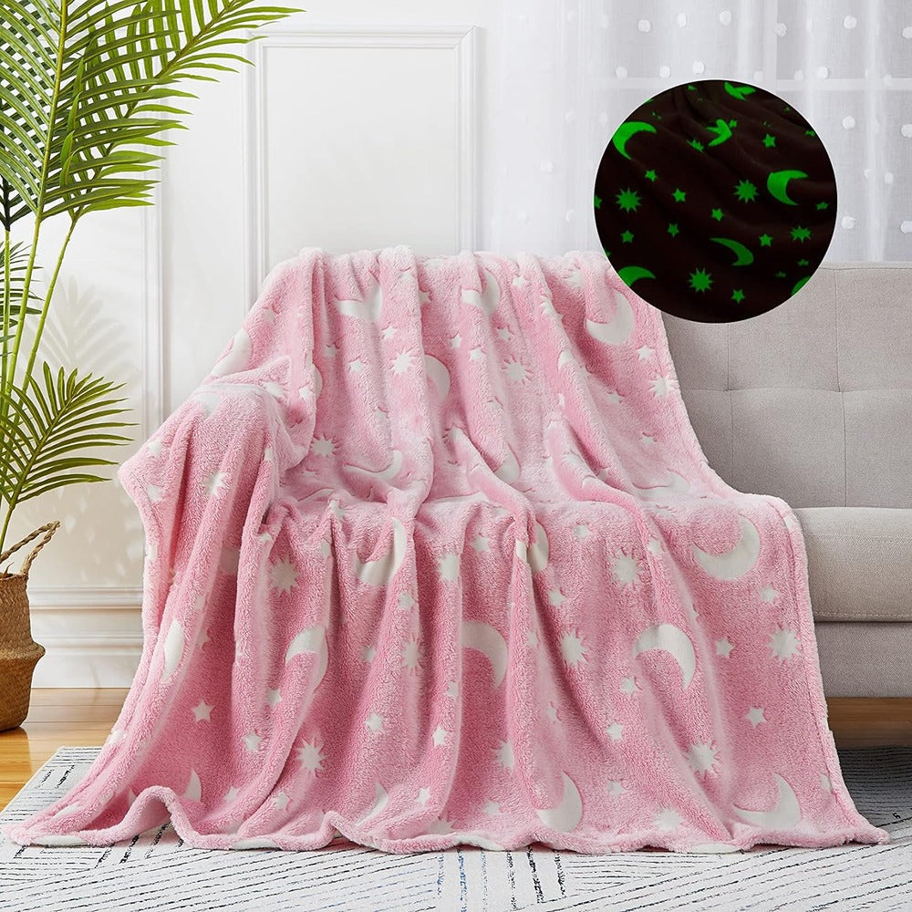 Stars and Moon Fluffy Luminous Glow in Dark Blanket | Pink |