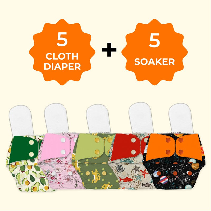 Pack - 5 Regular Diaper Freesize Reusable, Waterproof & Washable Cloth Diapers (Fits babies 5-17kgs)