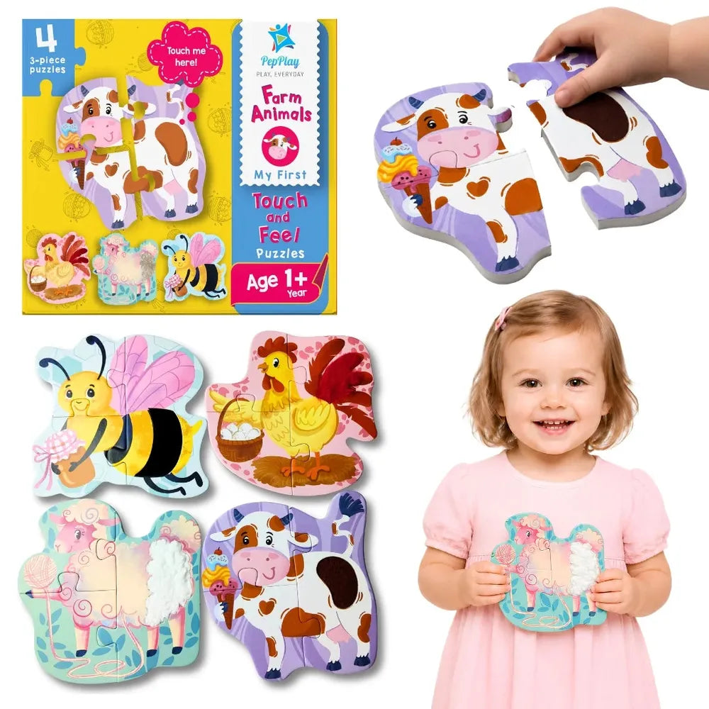 PepPlay My First Touch & Feel Puzzles - Farm Animals | Sensory Learning for Toddlers | 4 three-piece puzzles