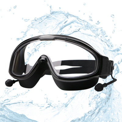 Swimming Goggles Large Frame Wide View Big Glasses with Connected Ear Plugs