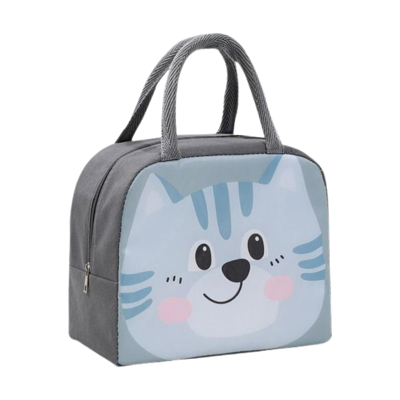 Insulated Lunch Box Bag with Aluminium Foil Insulation | Grey Colour, Blue Cat Design