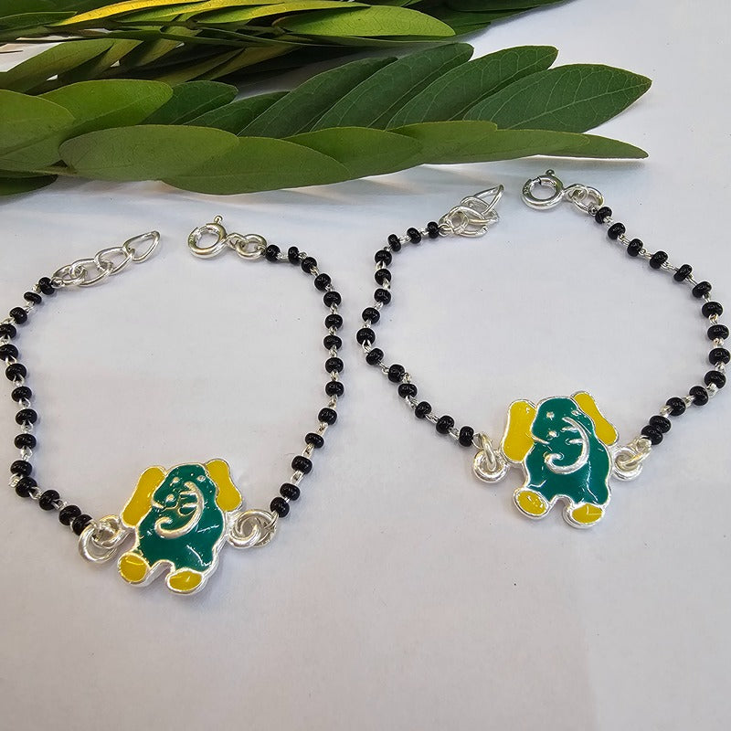 Pair of Sterling Silver 925 Green Ganesha Kids Bkackbeads Nazaria Bracelet