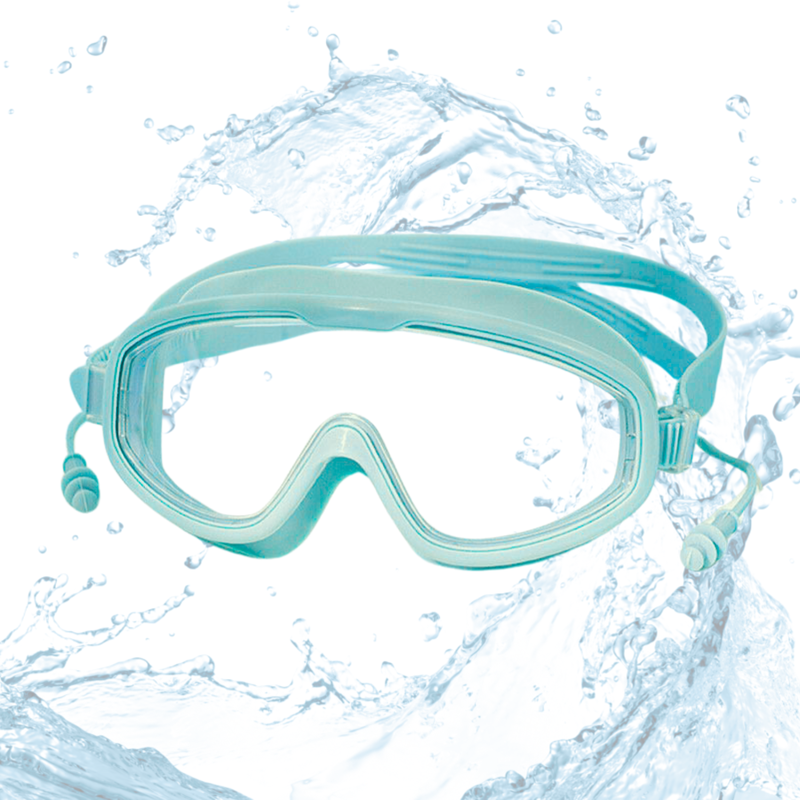 Swimming Goggles Large Frame Wide View Big Glasses with Connected Ear Plugs