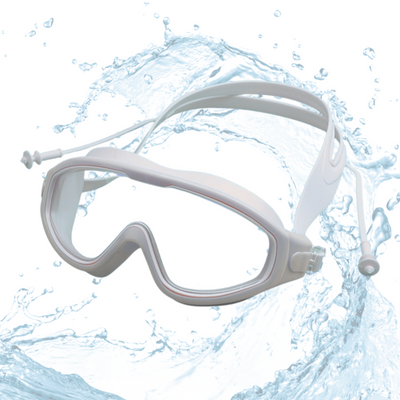 Swimming Goggles Large Frame Wide View Big Glasses with Connected Ear Plugs