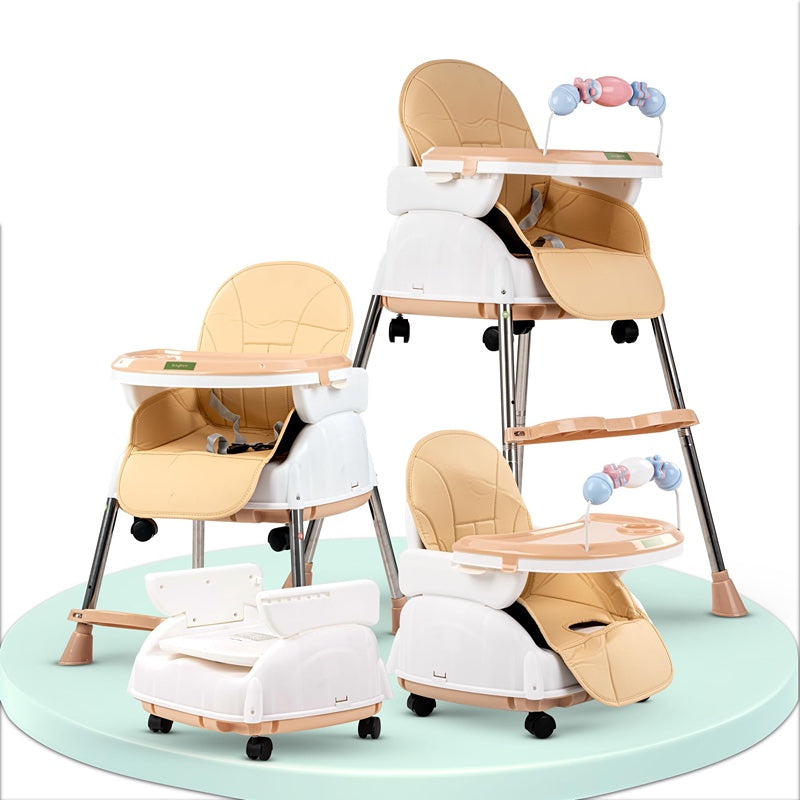 4 in 1 Nora Convertible High Chair for Kids with Adjustable Height and Footrest, Baby Toddler Feeding Booster Seat with Tray, Wheels, Safety Belt and Cushion