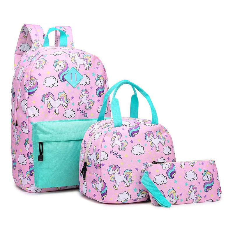 Clouds & Unicorns Matching Backpack with Lunch Bag & Stationery (Pouch Green & Pink)