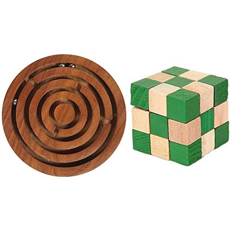 Wooden Ball-in-a-Maze Labyrinth with Snake Cube Twist Puzzle