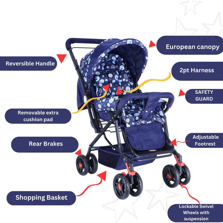 Infanto Babylove Stroller with 3-Position Adjustable Seat & 5-Point Safety Harness