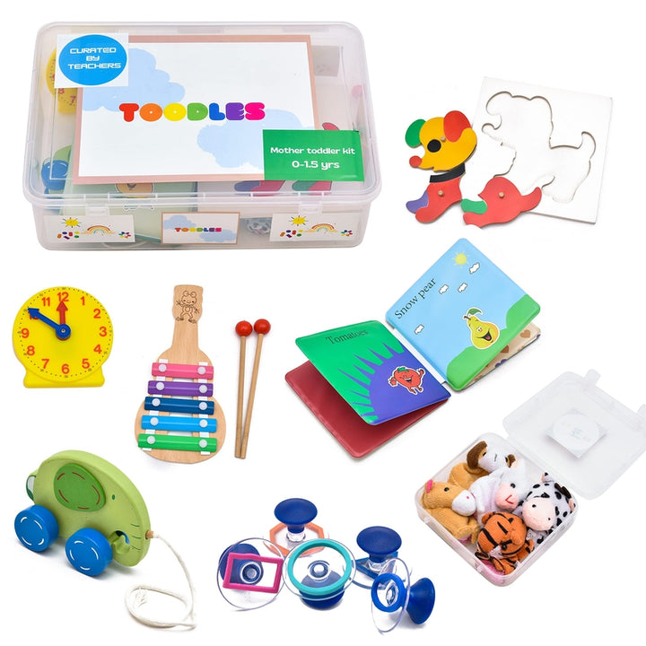 Learnings Mother Toodler Kit Toy Skill Developmental Kids Toy Shape Stamps Water Books Pull Toy Washable Car Puzzles Finger Puppets Musical Instrument for 0 to 1.5 Year's Kid - for Gifting