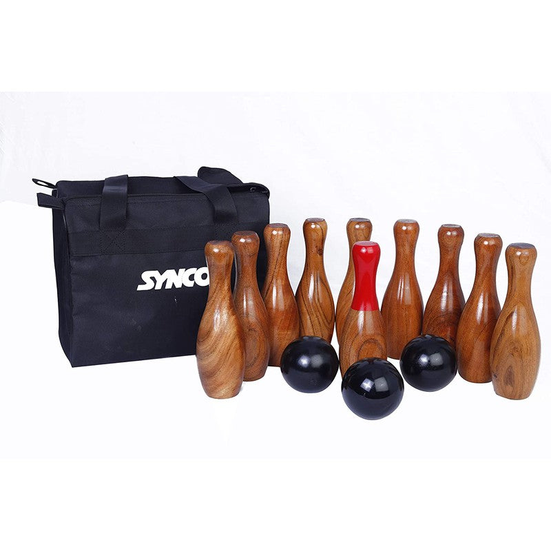 Backyard Skittles Bowling Wooden Hardwood Set (10 Pins, 3 Balls, 1 Ring)