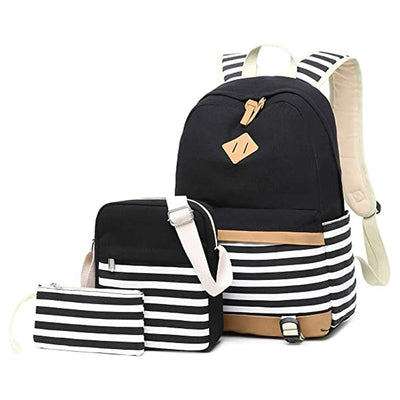 Black Stripes Matching Backpack with Lunch Bag & Stationery Pouch