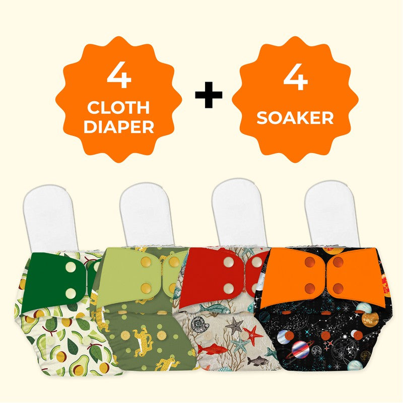 Pack - 4 Regular Diaper Freesize Reusable, Waterproof & Washable Cloth Diapers (Fits babies 5-17kgs)