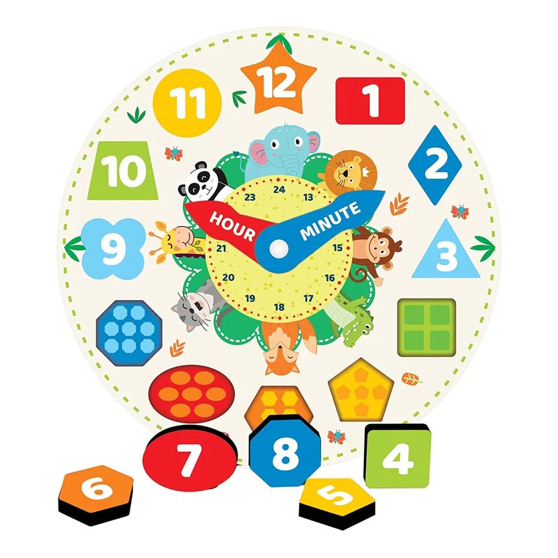 Wooden Early Educational Teaching Clock-Time & Shapes Sorting Toy for Kids, 12 Pcs (Round)