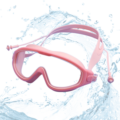 Swimming Goggles Large Frame Wide View Big Glasses with Connected Ear Plugs