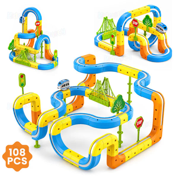 Kidology 108 Pcs Magnetic Monorail DIY Versatile Track Car Set | Magnetic Building Toy